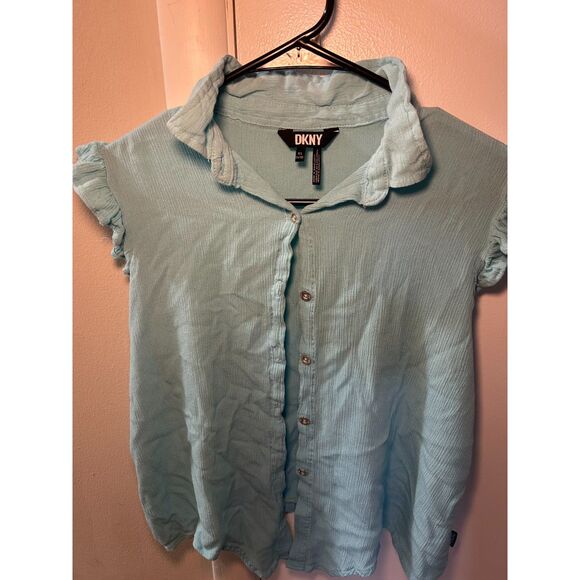 DKNY XL Light Blue Rayon Button Down Flutter Sleeve Ruffle Shoulder Textured Top - Picture 2 of 6